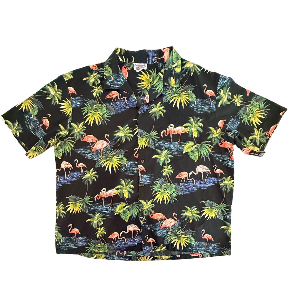 Pacific Legend Flamingo Hawaiian Shirt Men 3XL Black Tropical Palms Beach Resort